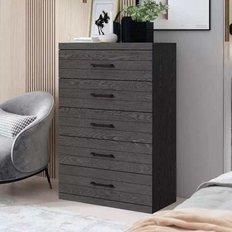 Cassettiera a 5 cassetti con sistema di sicurezza ad incastro, Quercia Grigio Scuro