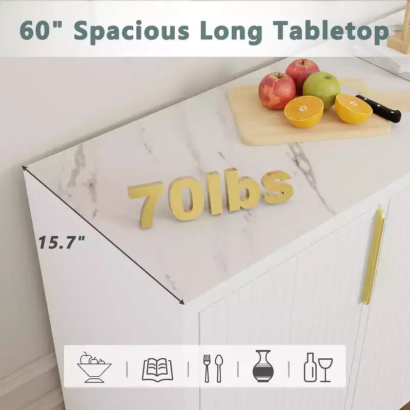 Credenza a buffet da 60 pollici con 4 ante e ripiano regolabile, bianco