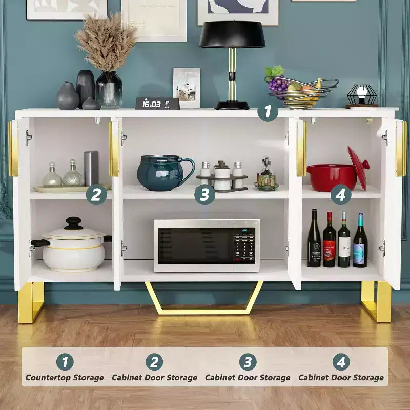 Credenza a buffet da 60 pollici con 4 ante e ripiano regolabile, bianco