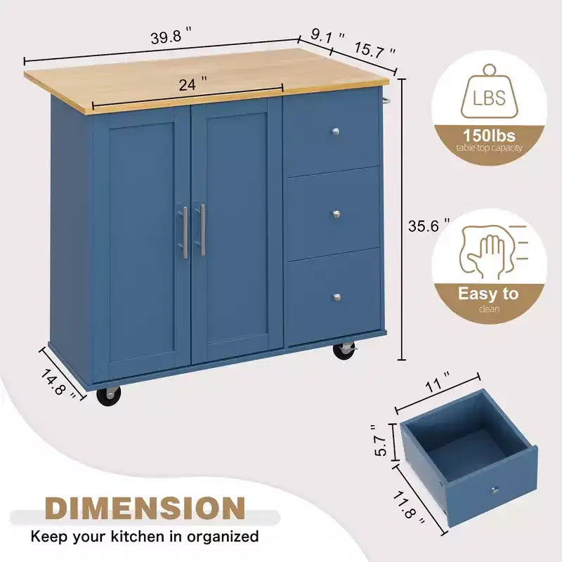 Carrello da Cucina su Ruote da 39,8 Pollici con 3 Cassetti, 2 Ante e Portasciugamani