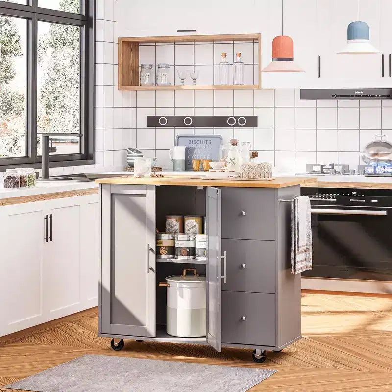 Carrello da Cucina su Ruote da 39,8 Pollici con 3 Cassetti, 2 Ante e Portasciugamani