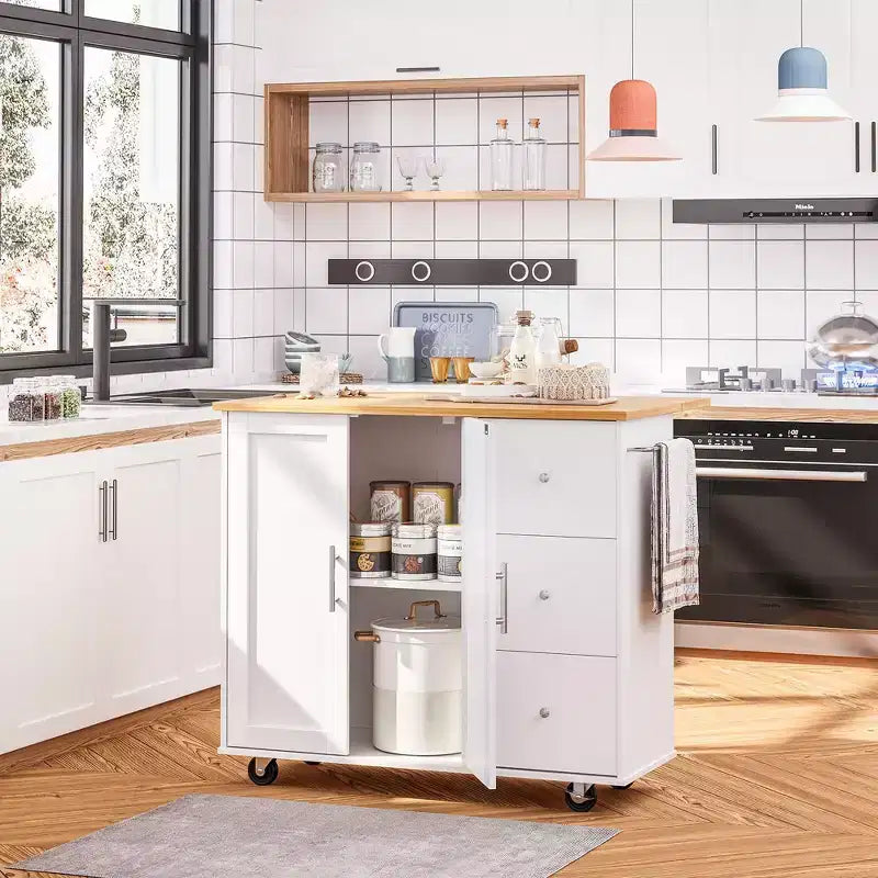 Carrello da Cucina su Ruote da 39,8 Pollici con 3 Cassetti, 2 Ante e Portasciugamani