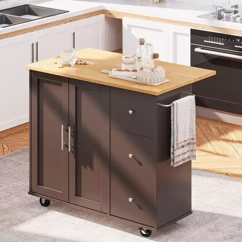 Carrello da Cucina su Ruote da 39,8 Pollici con 3 Cassetti, 2 Ante e Portasciugamani