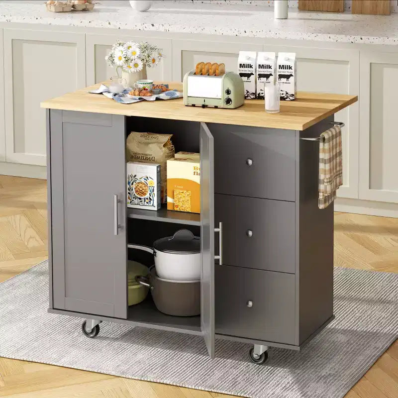 Carrello da Cucina su Ruote da 39,8 Pollici con 3 Cassetti, 2 Ante e Portasciugamani