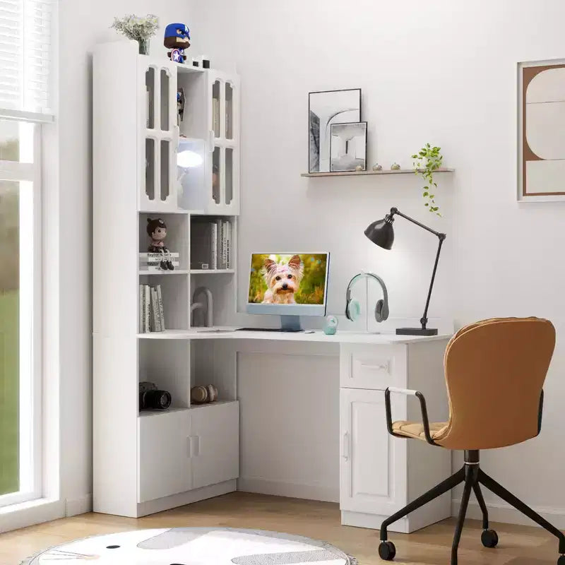 Scrivania moderna a L 2-in-1 da 55,12 pollici con ante in vetro, cassetti e libreria