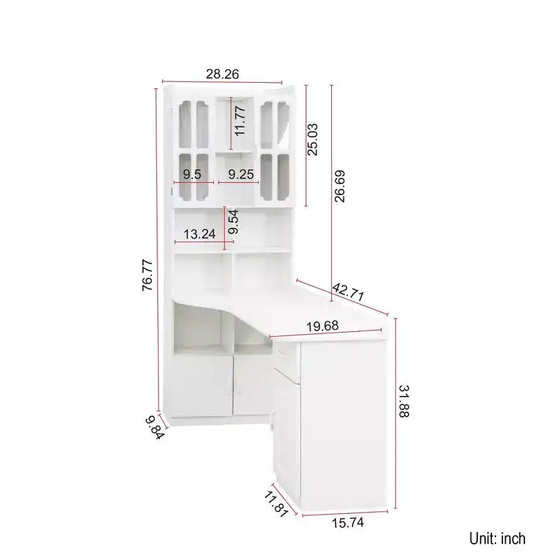 Scrivania moderna a L 2-in-1 da 55,12 pollici con ante in vetro, cassetti e libreria