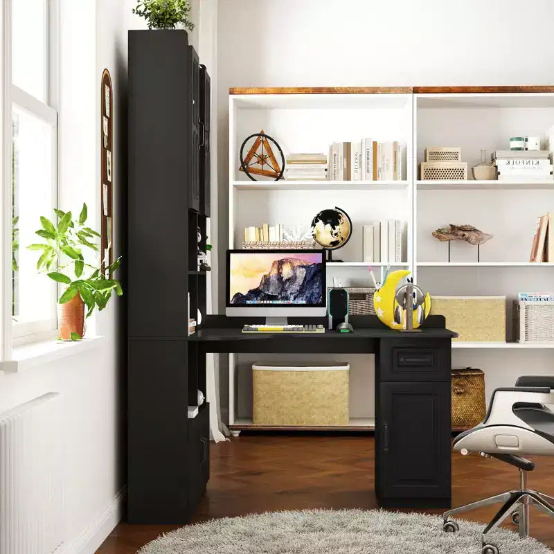 Scrivania moderna a L 2-in-1 da 55,12 pollici con ante in vetro, cassetti e libreria