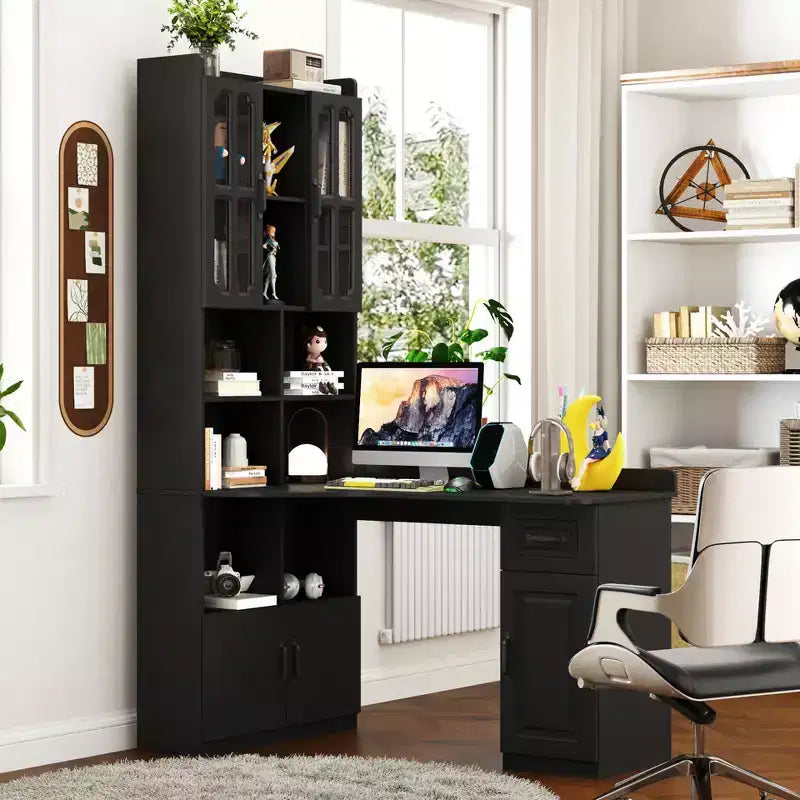 Scrivania moderna a L 2-in-1 da 55,12 pollici con ante in vetro, cassetti e libreria