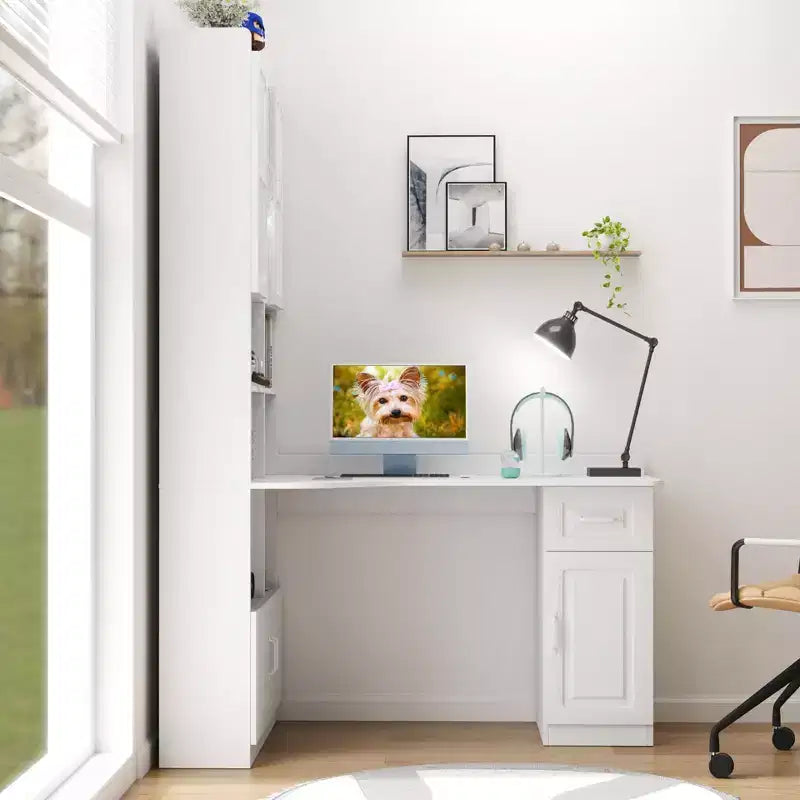 Scrivania moderna a L 2-in-1 da 55,12 pollici con ante in vetro, cassetti e libreria