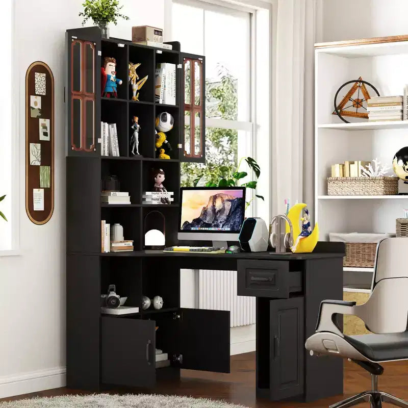 Scrivania moderna a L 2-in-1 da 55,12 pollici con ante in vetro, cassetti e libreria