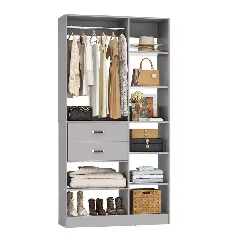 Sistema armadio indipendente largo 101,6 cm con scaffalature a torre, organizer per armadio con cassetti in legno