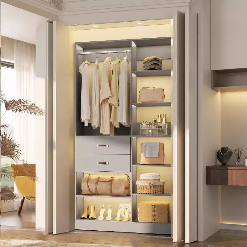 Sistema armadio indipendente largo 101,6 cm con scaffalature a torre, organizer per armadio con cassetti in legno