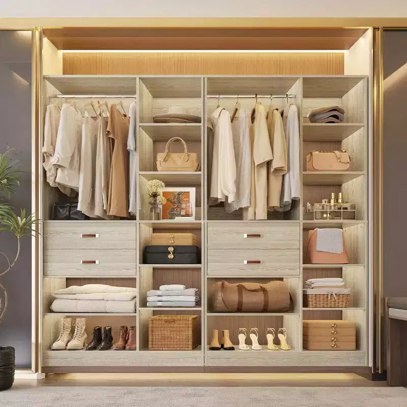 Sistema armadio indipendente largo 101,6 cm con scaffalature a torre, organizer per armadio con cassetti in legno