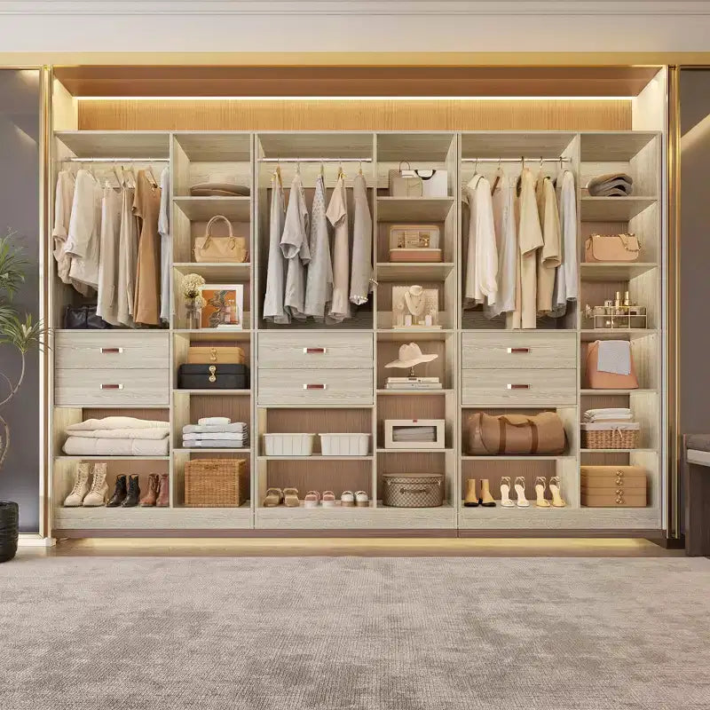 Sistema armadio indipendente largo 101,6 cm con scaffalature a torre, organizer per armadio con cassetti in legno