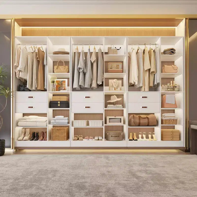 Sistema armadio indipendente largo 101,6 cm con scaffalature a torre, organizer per armadio con cassetti in legno