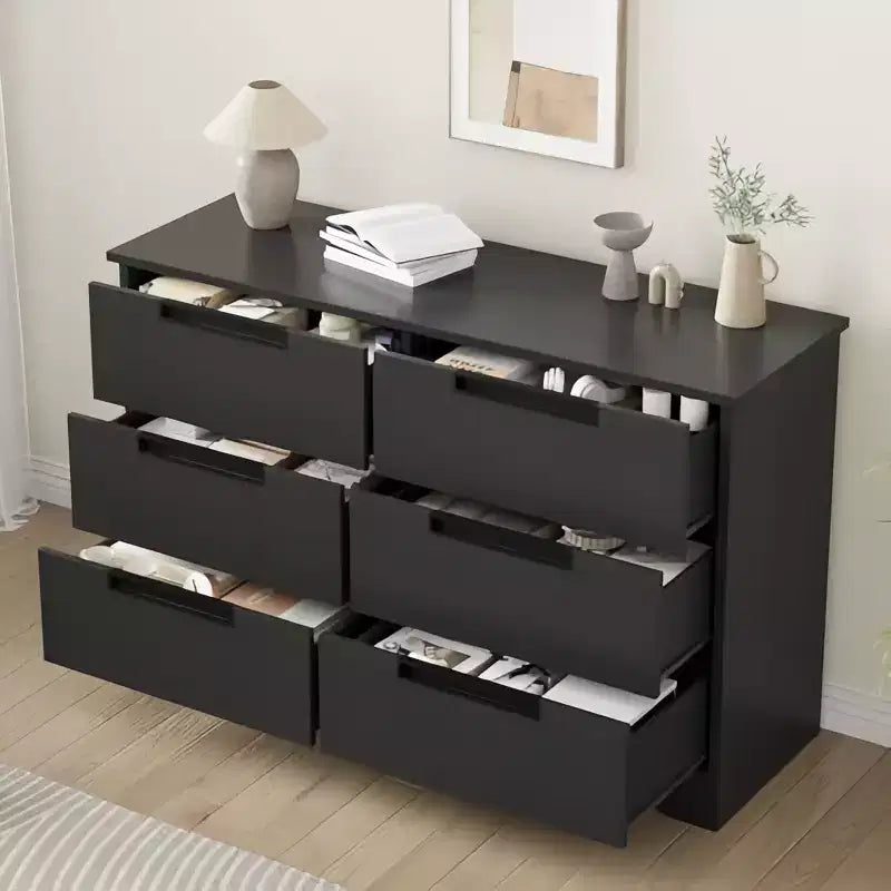 Cassettiera Orizzontale Nera a 6 Cassetti con Maniglie a Scomparsa e Texture Effetto Legno, Antiribaltamento
