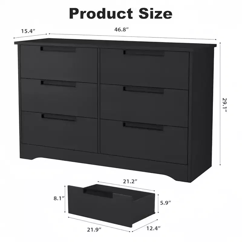 Cassettiera Orizzontale Nera a 6 Cassetti con Maniglie a Scomparsa e Texture Effetto Legno, Antiribaltamento