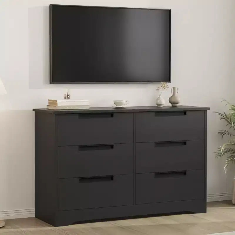 Cassettiera Orizzontale Nera a 6 Cassetti con Maniglie a Scomparsa e Texture Effetto Legno, Antiribaltamento