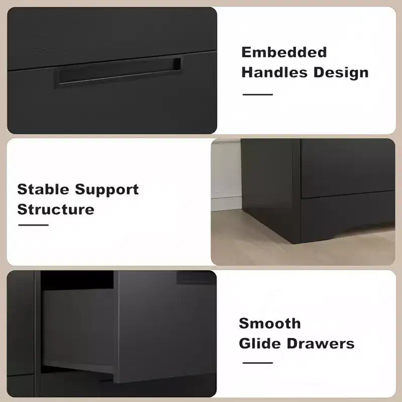 Cassettiera Orizzontale Nera a 6 Cassetti con Maniglie a Scomparsa e Texture Effetto Legno, Antiribaltamento