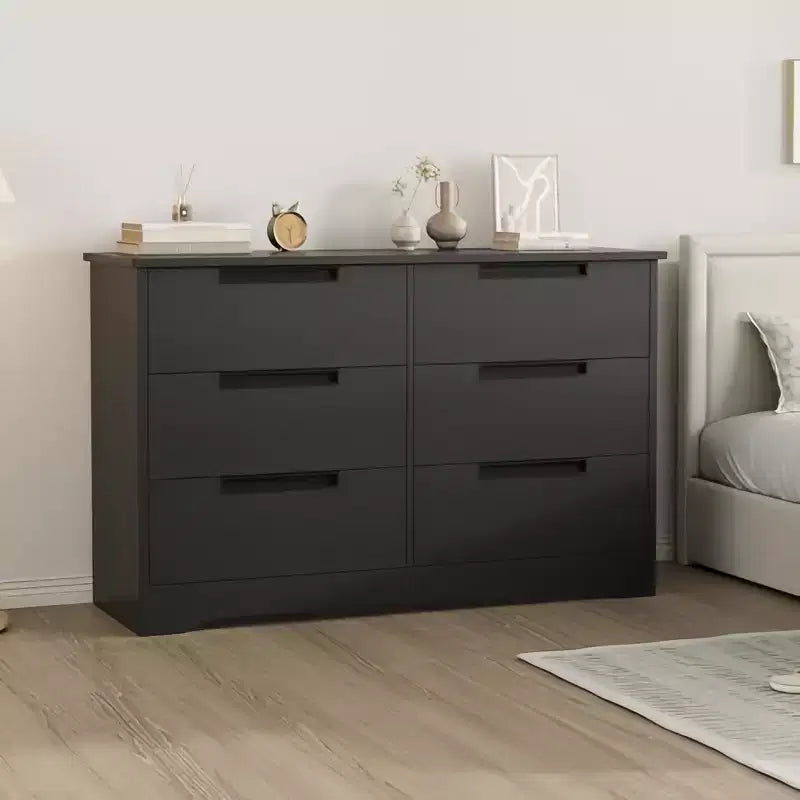 Cassettiera Orizzontale Nera a 6 Cassetti con Maniglie a Scomparsa e Texture Effetto Legno, Antiribaltamento