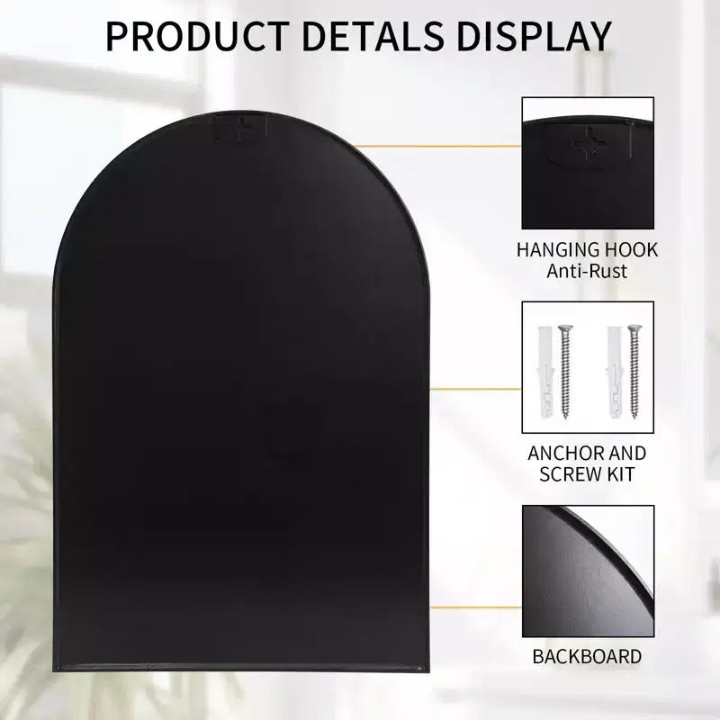 Specchio da Parete Ad Arco 24x36 Pollici con Cornice Profonda in Metallo Nero per Bagno, Camera da Letto e Soggiorno
