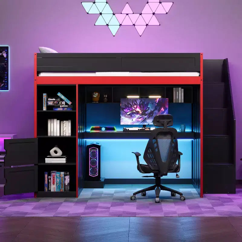 Letto a soppalco da gaming per ragazzi/a una piazza e mezza con scrivania, contenitore e luci LED, struttura in legno nero