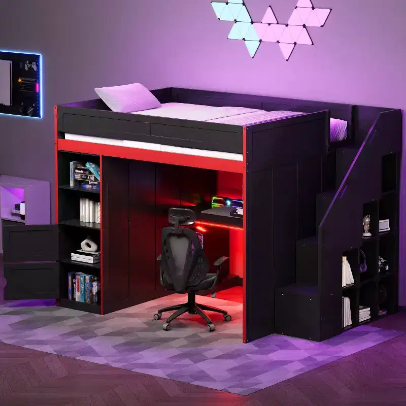 Letto a soppalco da gaming per ragazzi/a una piazza e mezza con scrivania, contenitore e luci LED, struttura in legno nero