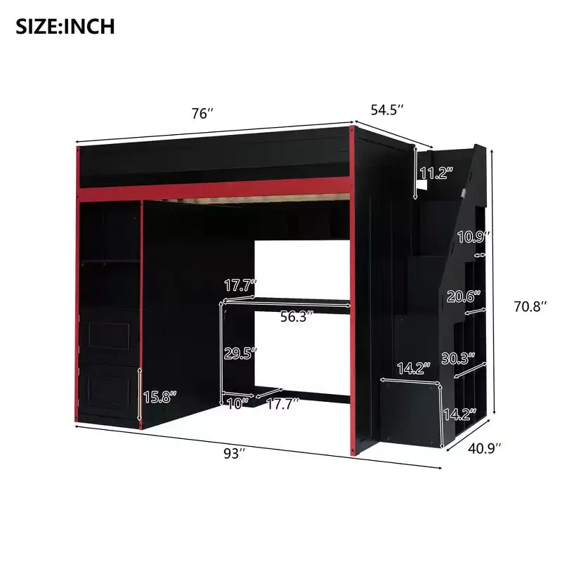 Letto a soppalco da gaming per ragazzi/a una piazza e mezza con scrivania, contenitore e luci LED, struttura in legno nero