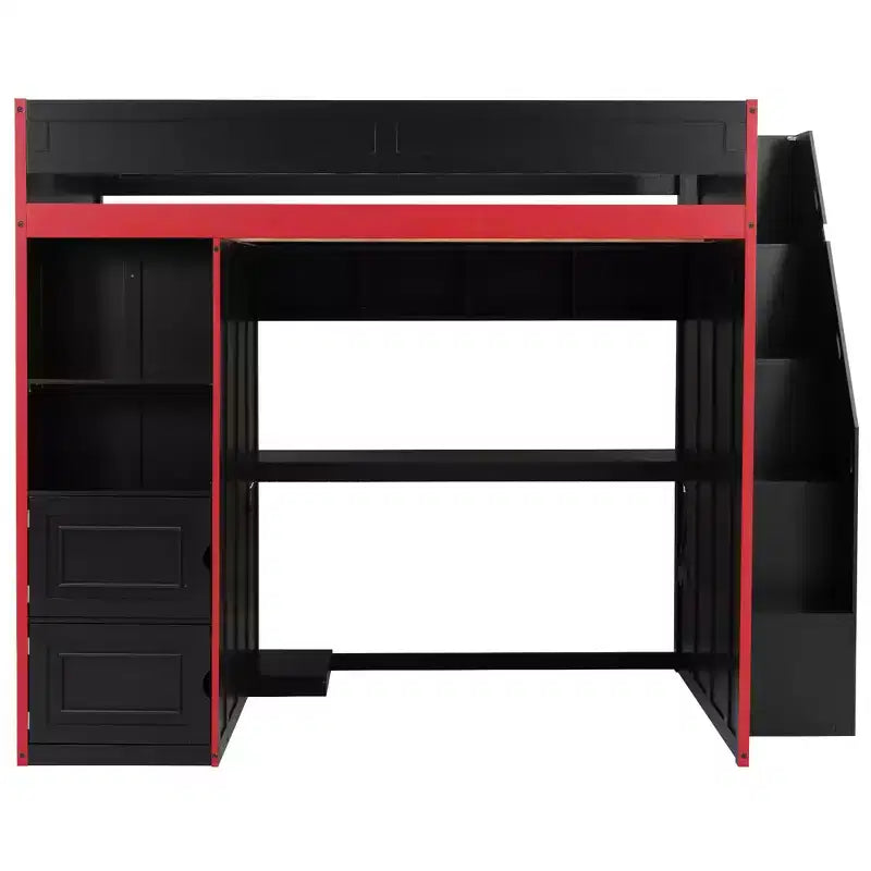 Letto a soppalco da gaming per ragazzi/a una piazza e mezza con scrivania, contenitore e luci LED, struttura in legno nero