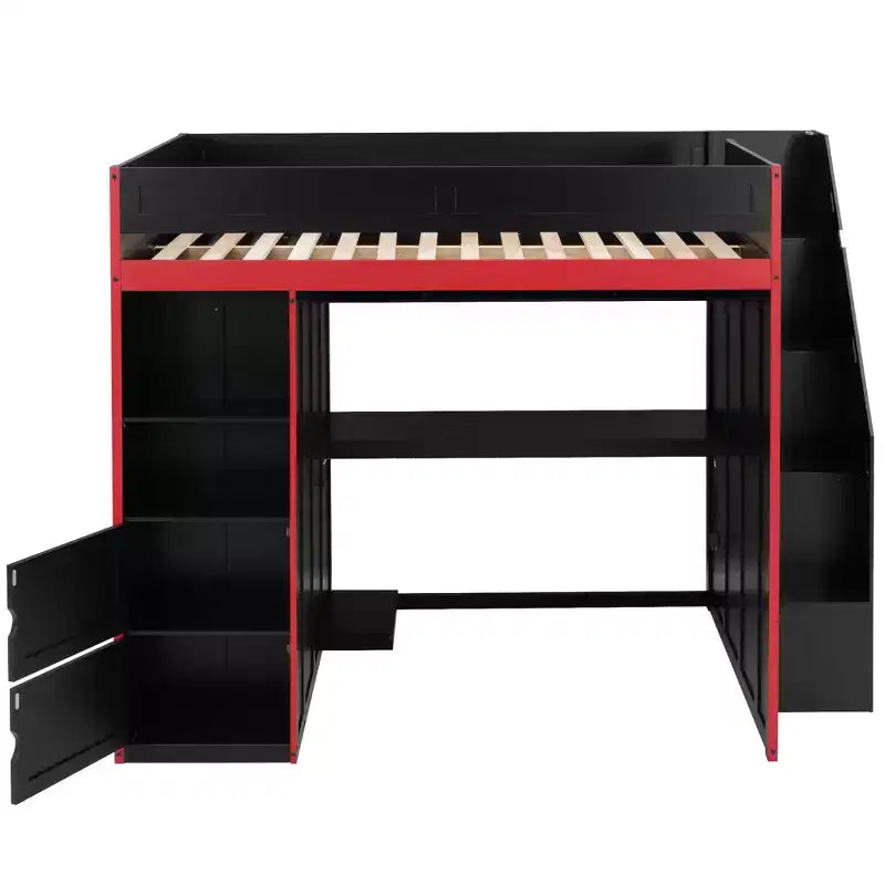 Letto a soppalco da gaming per ragazzi/a una piazza e mezza con scrivania, contenitore e luci LED, struttura in legno nero
