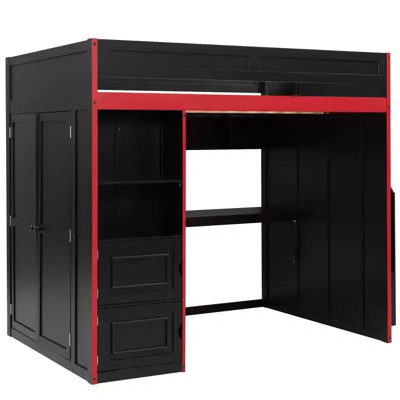 Letto a soppalco da gaming per ragazzi/a una piazza e mezza con scrivania, contenitore e luci LED, struttura in legno nero