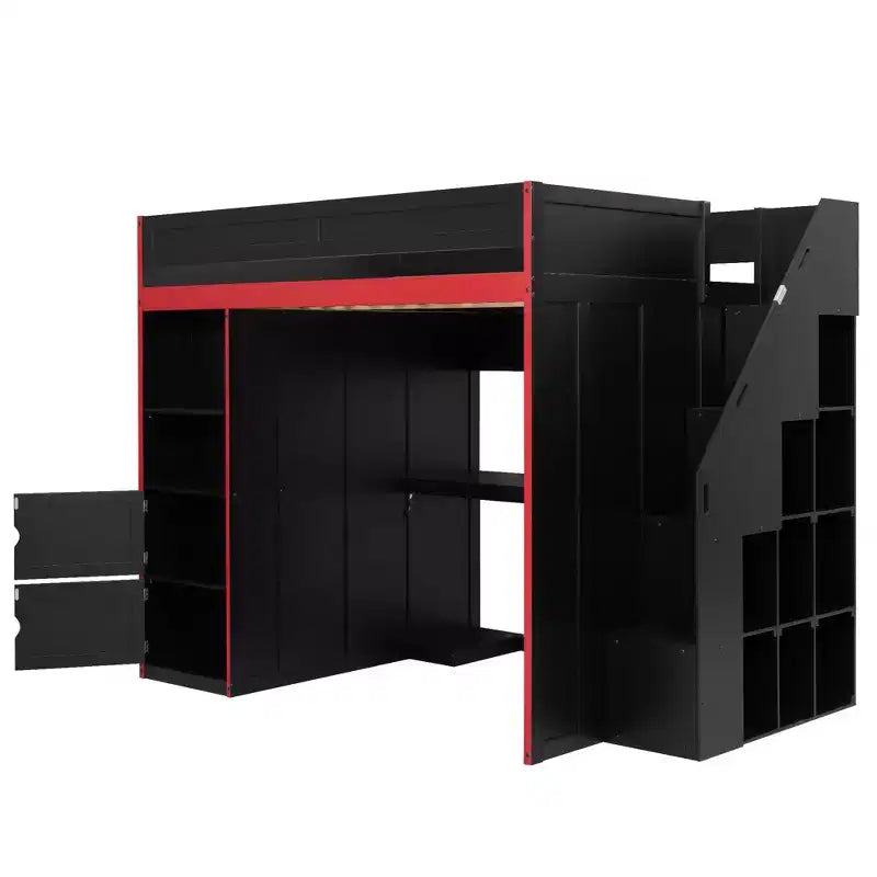 Letto a soppalco da gaming per ragazzi/a una piazza e mezza con scrivania, contenitore e luci LED, struttura in legno nero
