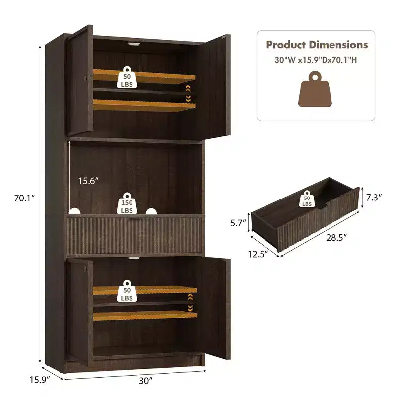 Dispensa alta da cucina, Mobile dispensa da 178 cm con ripiano, Mobili da cucina con ante e cassetto a scanalature, Credenza indipendente