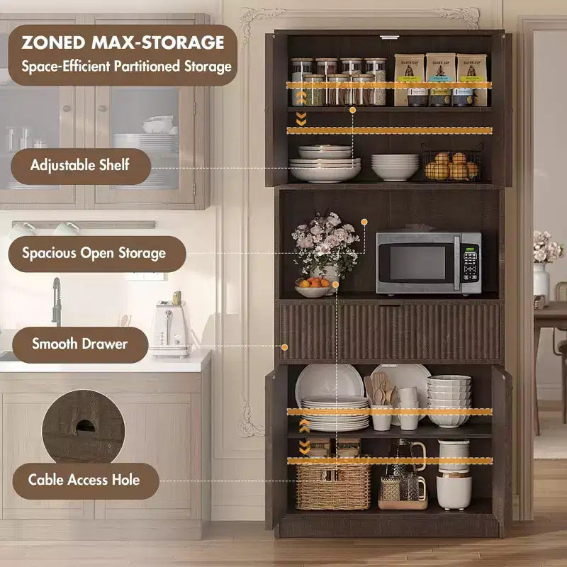 Dispensa alta da cucina, Mobile dispensa da 178 cm con ripiano, Mobili da cucina con ante e cassetto a scanalature, Credenza indipendente
