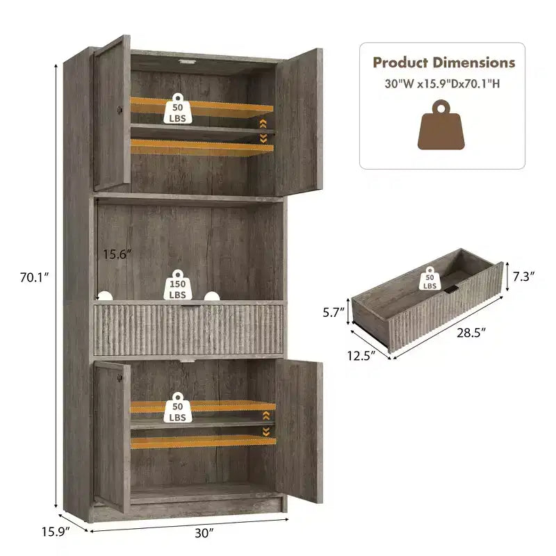 Dispensa alta da cucina, Mobile dispensa da 178 cm con ripiano, Mobili da cucina con ante e cassetto a scanalature, Credenza indipendente