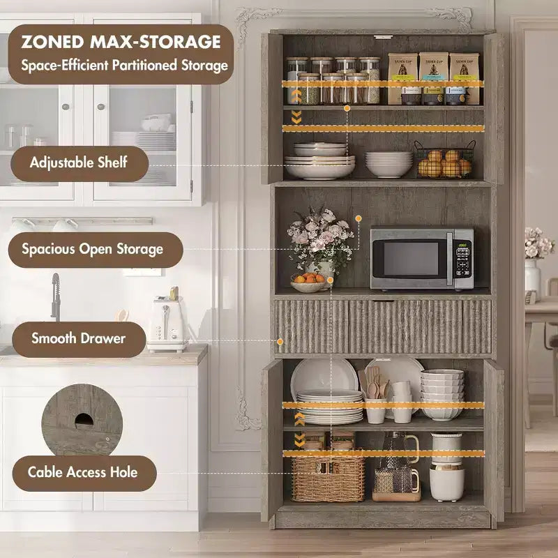 Dispensa alta da cucina, Mobile dispensa da 178 cm con ripiano, Mobili da cucina con ante e cassetto a scanalature, Credenza indipendente