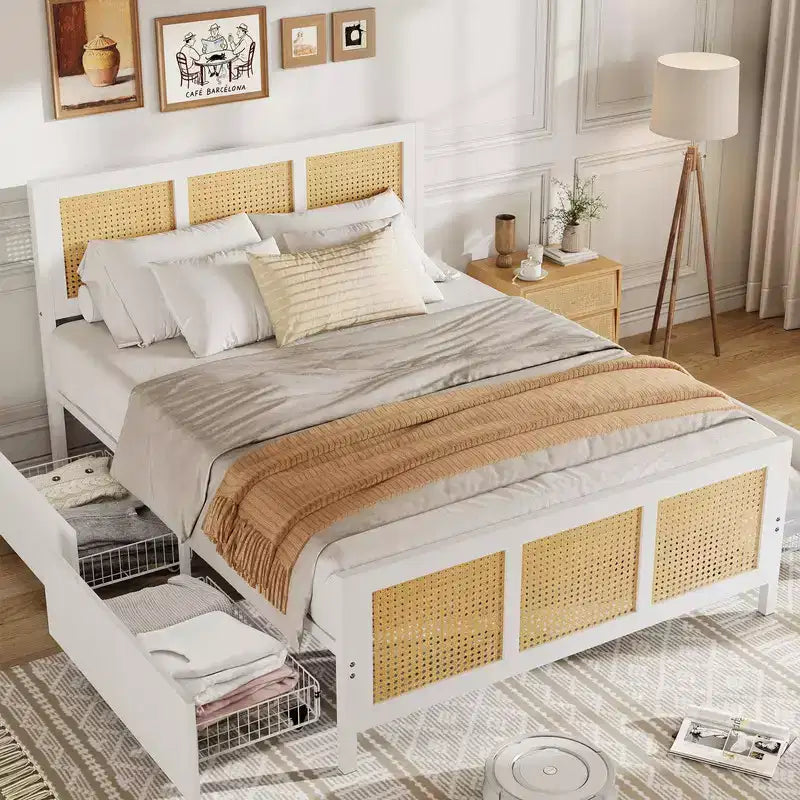 Struttura letto a piattaforma bohémien in rattan con testiera e 4 cassetti, robuste doghe in metallo, non è necessario il sommier a molle