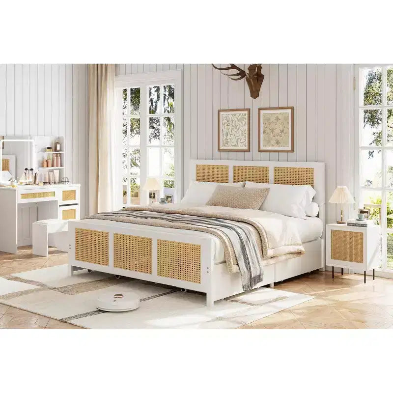 Struttura letto a piattaforma bohémien in rattan con testiera e 4 cassetti, robuste doghe in metallo, non è necessario il sommier a molle