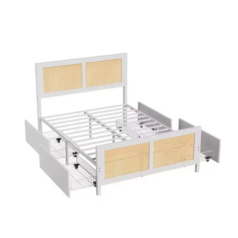 Struttura letto a piattaforma bohémien in rattan con testiera e 4 cassetti, robuste doghe in metallo, non è necessario il sommier a molle