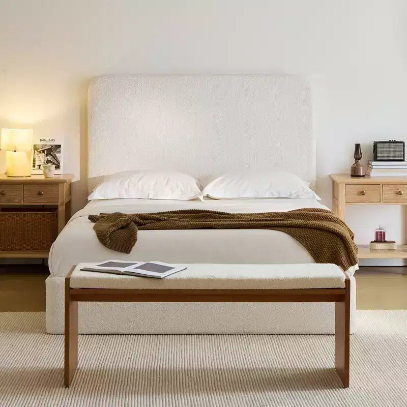 Letto a piattaforma moderno rivestito in ciniglia con testiera alta, Queen/King