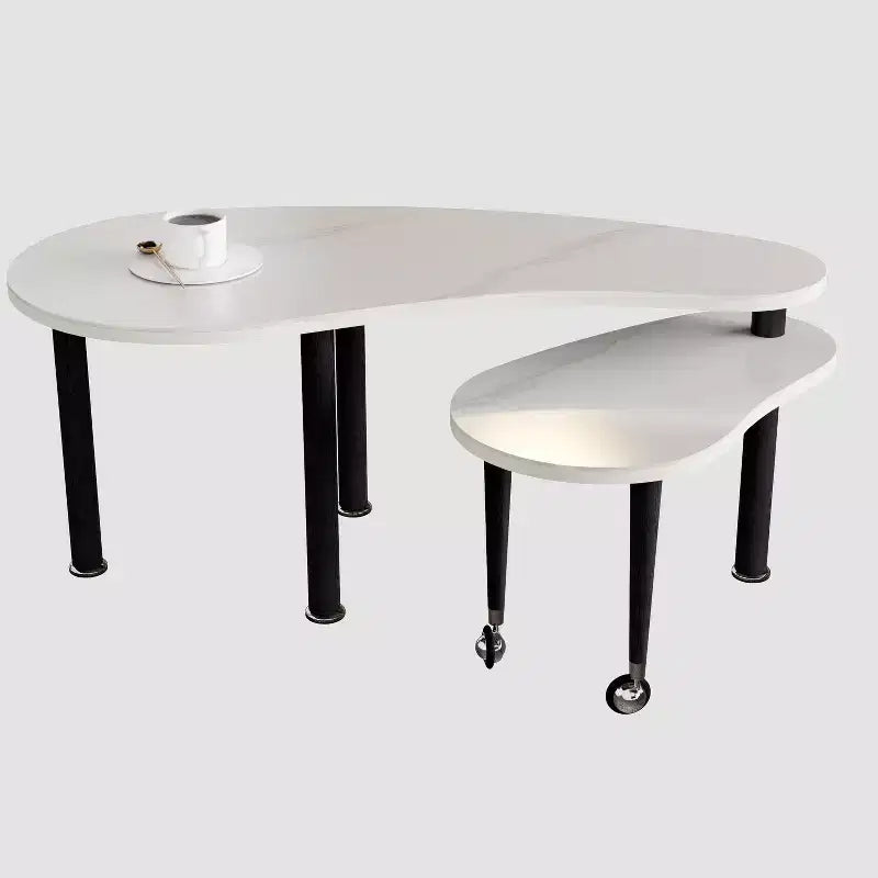 Tavolino da Caffè Girevole a 360° con Piano a 2 Livelli in MDF e Gambe in Legno di Caucciù, Tavolino d'Appoggio Moderno Regolabile per Soggiorno