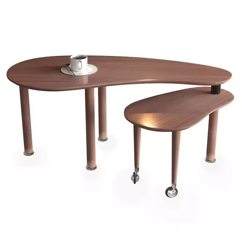 Tavolino da Caffè Girevole a 360° con Piano a 2 Livelli in MDF e Gambe in Legno di Caucciù, Tavolino d'Appoggio Moderno Regolabile per Soggiorno