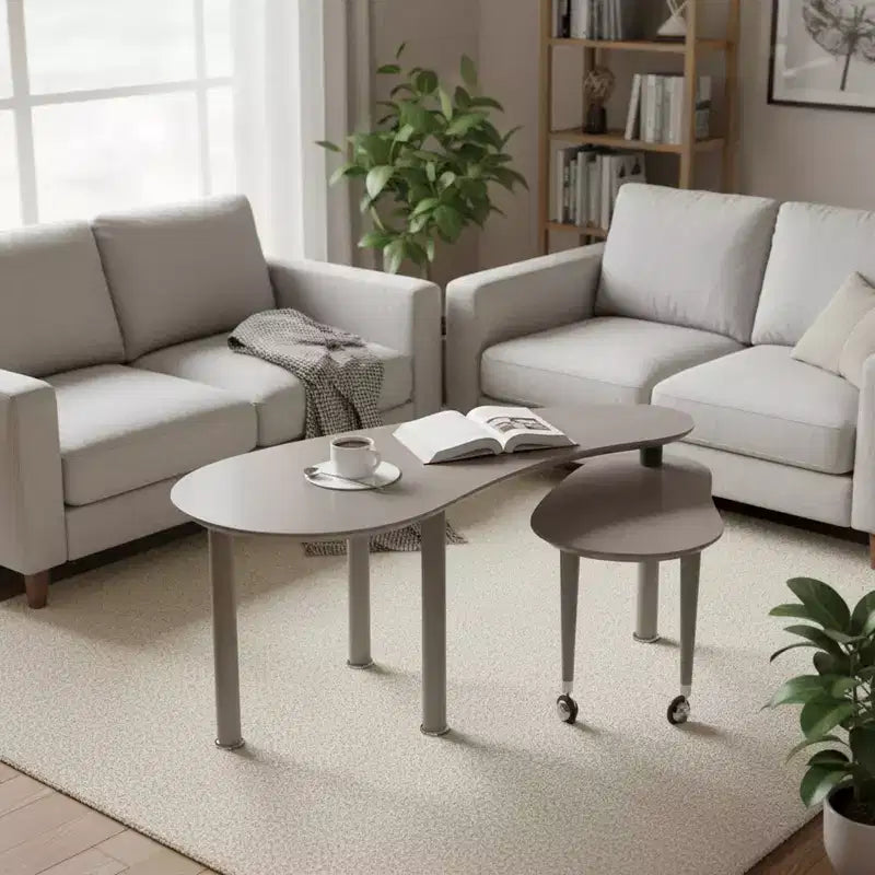 Tavolino da Caffè Girevole a 360° con Piano a 2 Livelli in MDF e Gambe in Legno di Caucciù, Tavolino d'Appoggio Moderno Regolabile per Soggiorno
