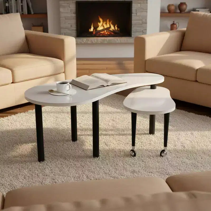 Tavolino da Caffè Girevole a 360° con Piano a 2 Livelli in MDF e Gambe in Legno di Caucciù, Tavolino d'Appoggio Moderno Regolabile per Soggiorno
