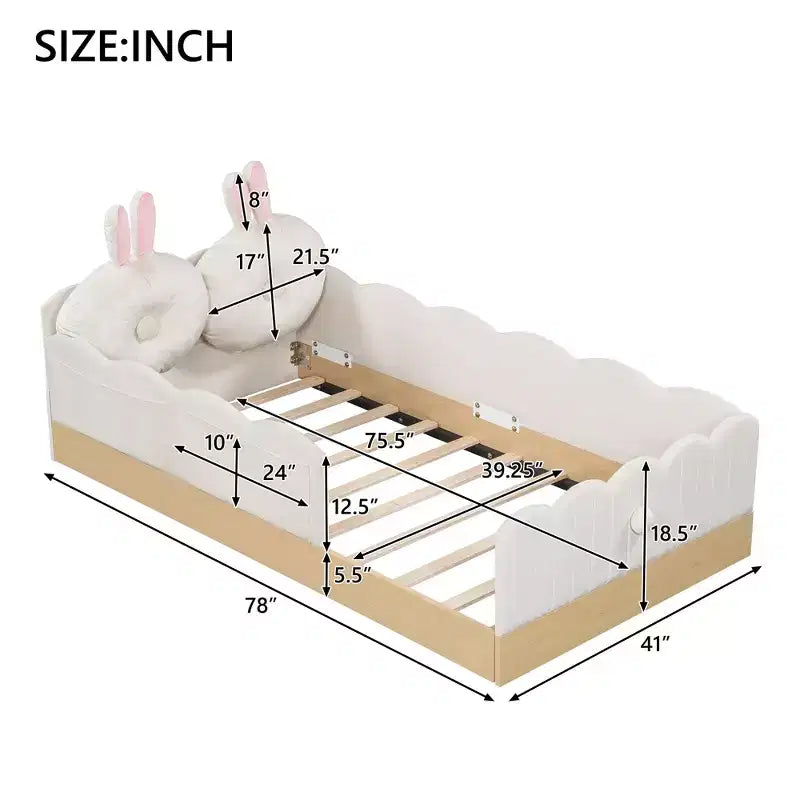 Letto a piattaforma a una piazza con cuscini a forma di animale, design stravagante e borse portaoggetti con spondina