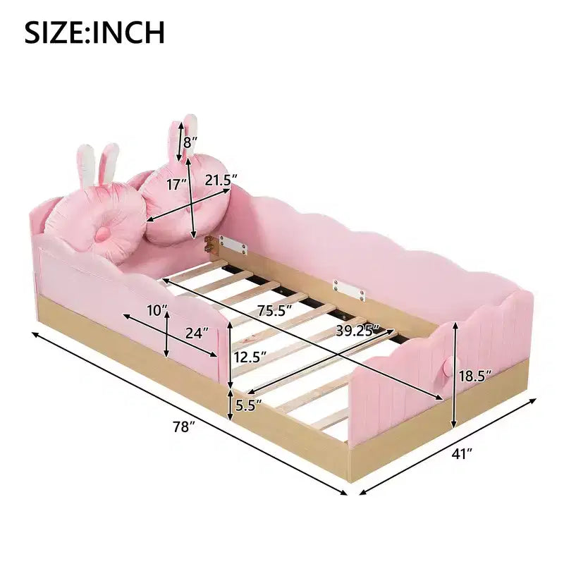 Letto a piattaforma a una piazza con cuscini a forma di animale, design stravagante e borse portaoggetti con spondina
