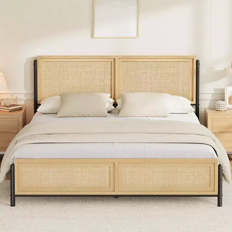 Struttura Letto Matrimoniale King Size in Legno Naturale con Testiera in Rattan, Stile Bohemien, Nessuna Rete a Molle Necessaria