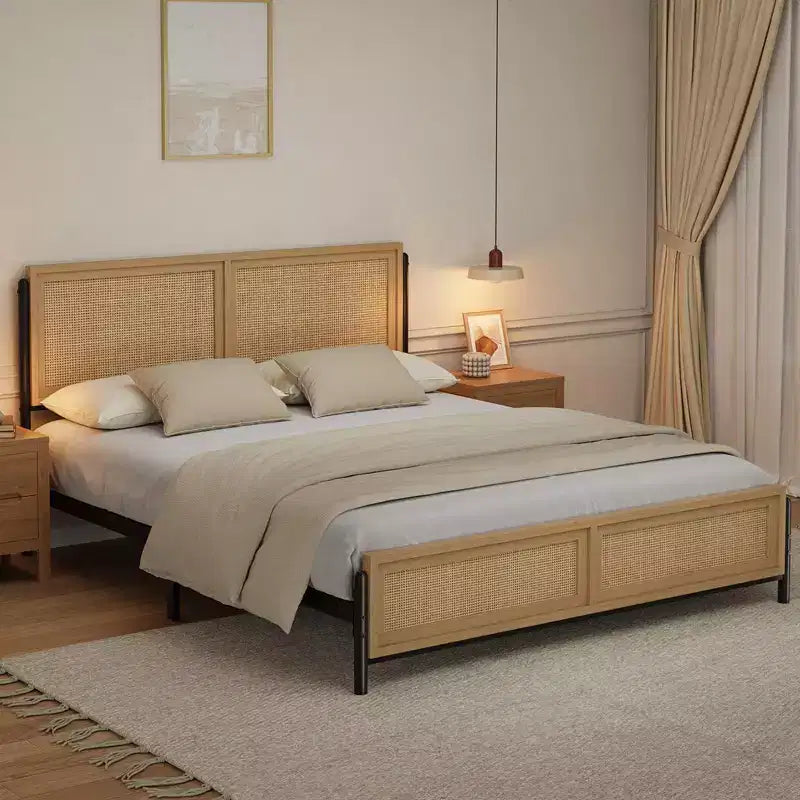 Struttura Letto Matrimoniale King Size in Legno Naturale con Testiera in Rattan, Stile Bohemien, Nessuna Rete a Molle Necessaria