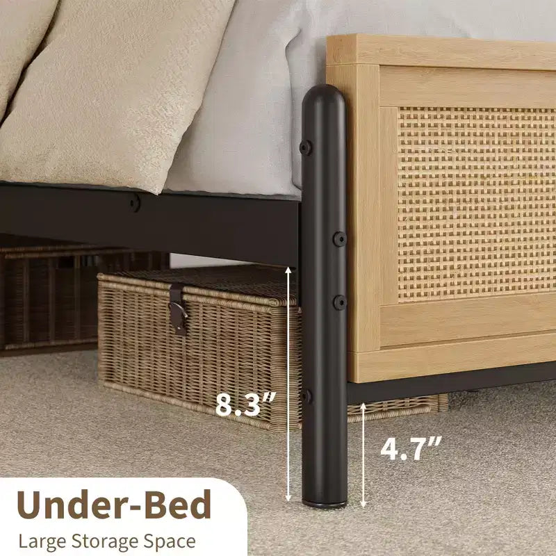 Struttura Letto Matrimoniale King Size in Legno Naturale con Testiera in Rattan, Stile Bohemien, Nessuna Rete a Molle Necessaria