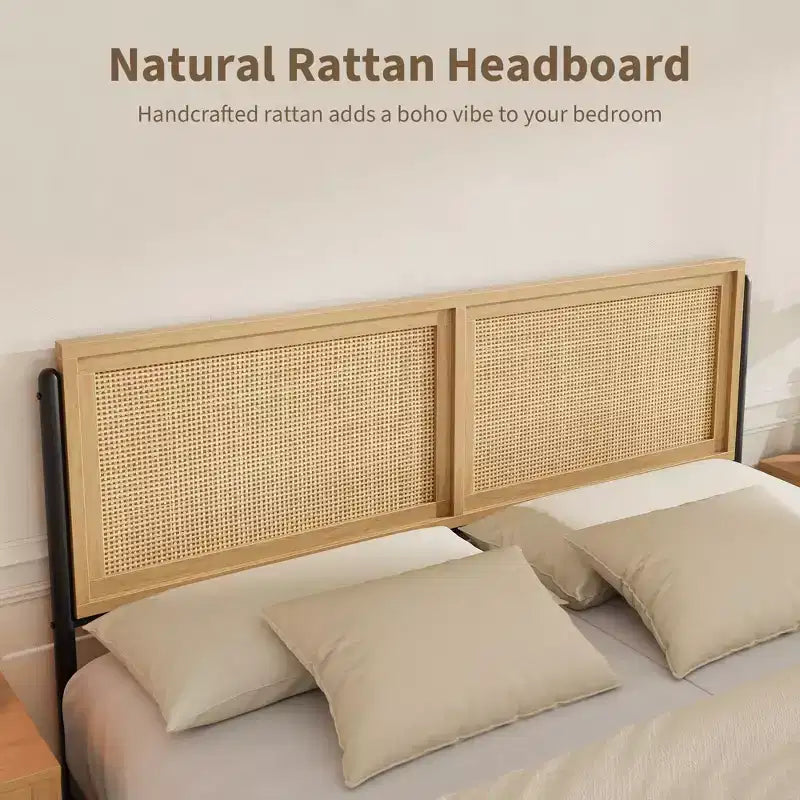 Struttura Letto Matrimoniale King Size in Legno Naturale con Testiera in Rattan, Stile Bohemien, Nessuna Rete a Molle Necessaria